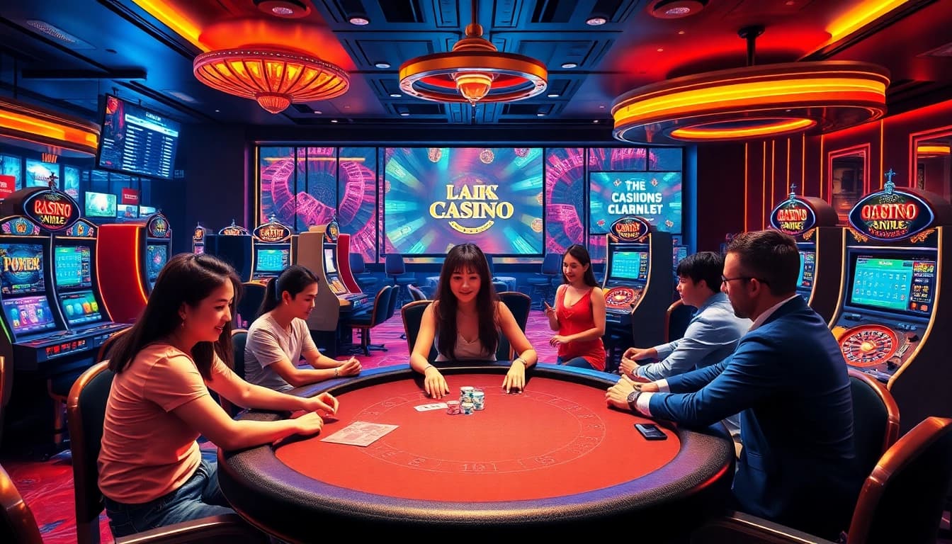 Gamblers engaging in exciting games on the platform https://tr88games.com/ with vibrant casino elements.