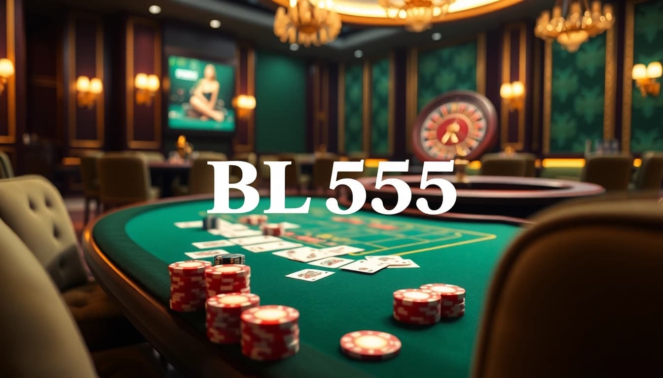 Experience the thrill of gambling at BL555 with luxurious casino tables and vibrant poker chips.