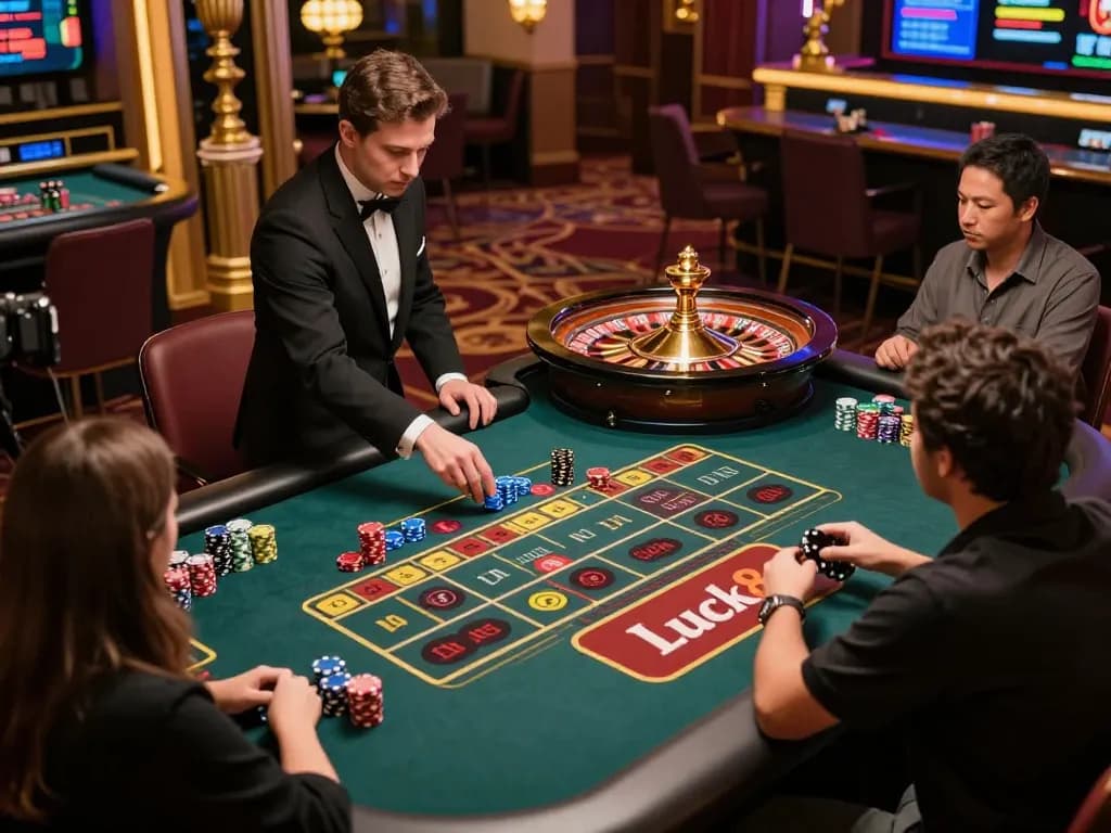 Luck8 players engaging in a thrilling live roulette game with a professional dealer.
