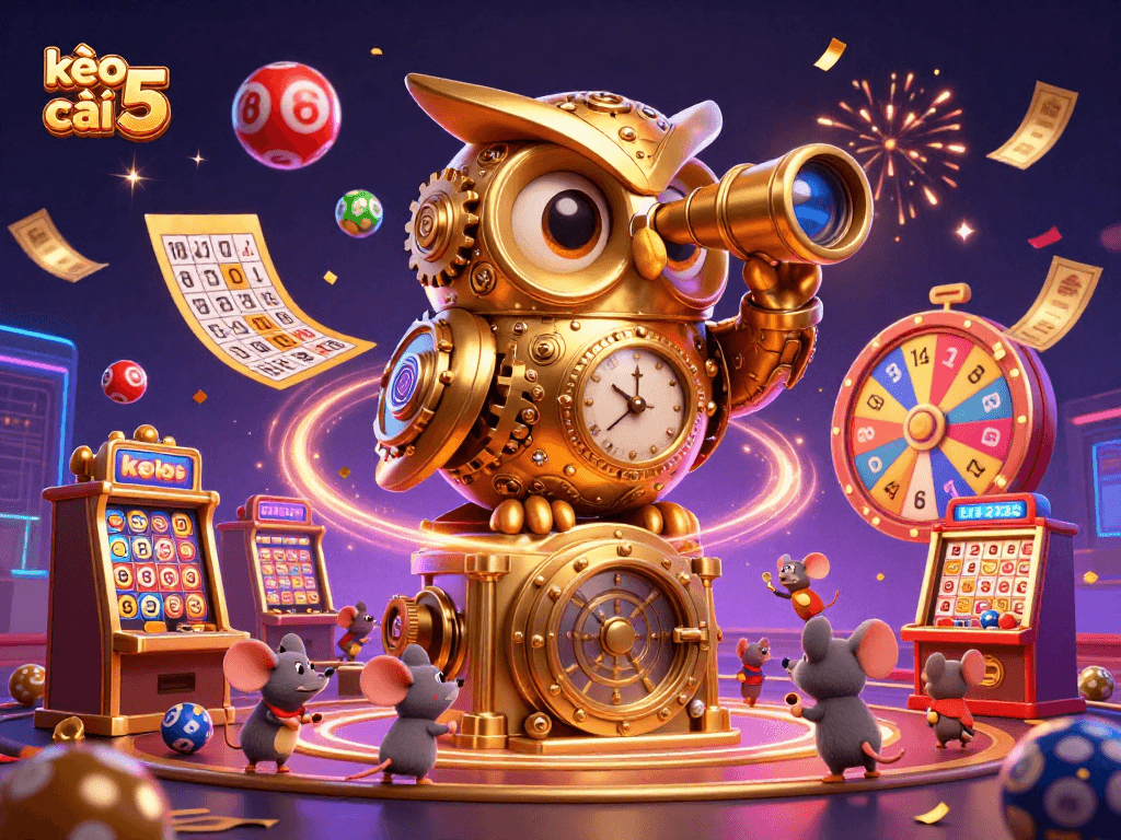 Engage in thrilling action with kèo nhà cái 5 at a vibrant casino scene featuring a golden owl.