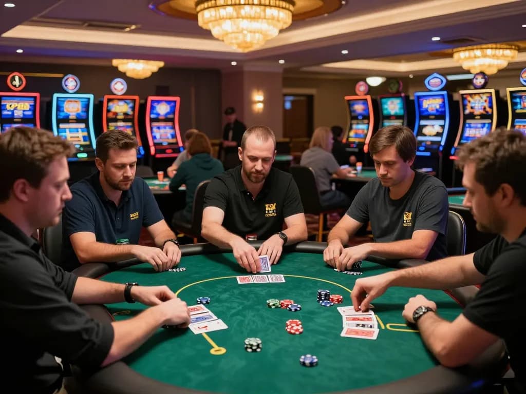Players engaging passionately in KP88 poker games under warm casino lighting