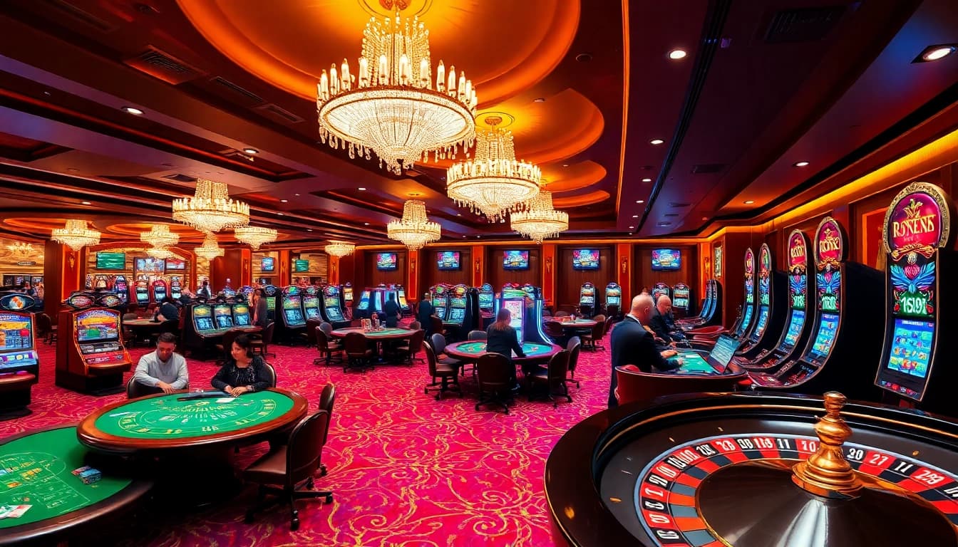 Experience the thrill of rr88.com with players engaging at luxurious casino tables and vibrant slot machines.