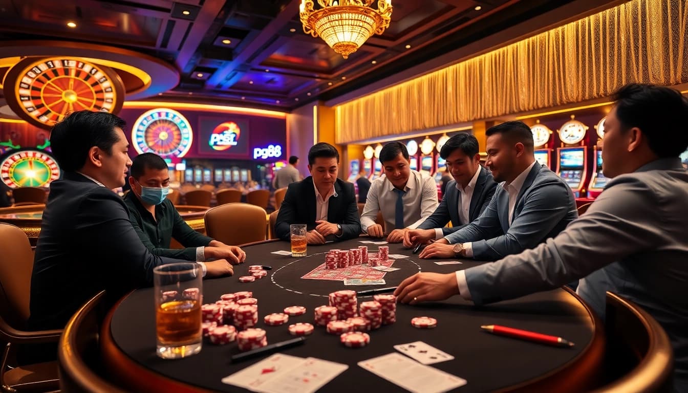 Experience the thrill of pg88 with professional gamblers at a luxurious casino poker table.