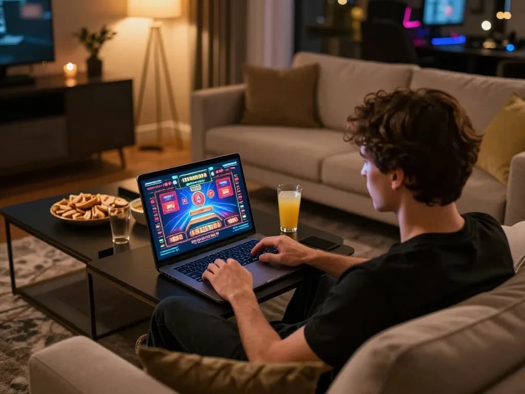 Playing at the top nhà cái uy tín on a laptop at home with cozy atmosphere and engaging games
