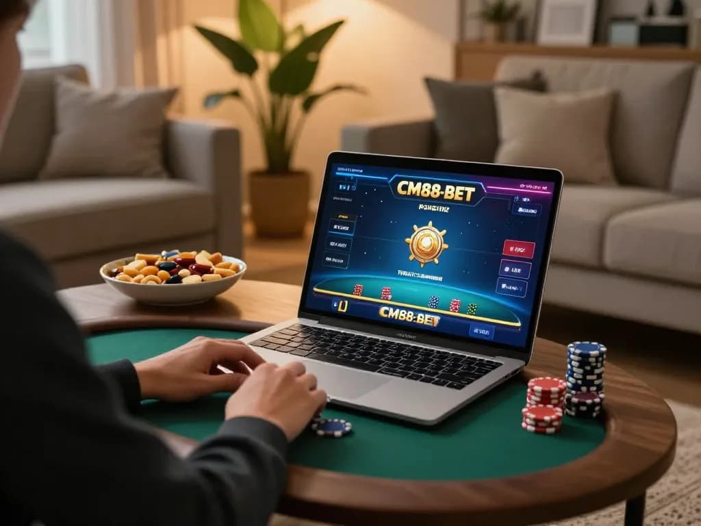 Person playing poker on cm88-bet, showcasing an engaging online gaming atmosphere with a cozy setup.