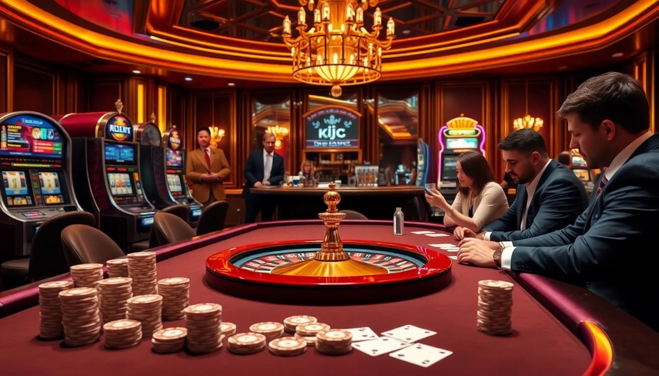 Experience high-stakes gambling at KJC's luxurious casino poker table surrounded by vibrant slot machines.