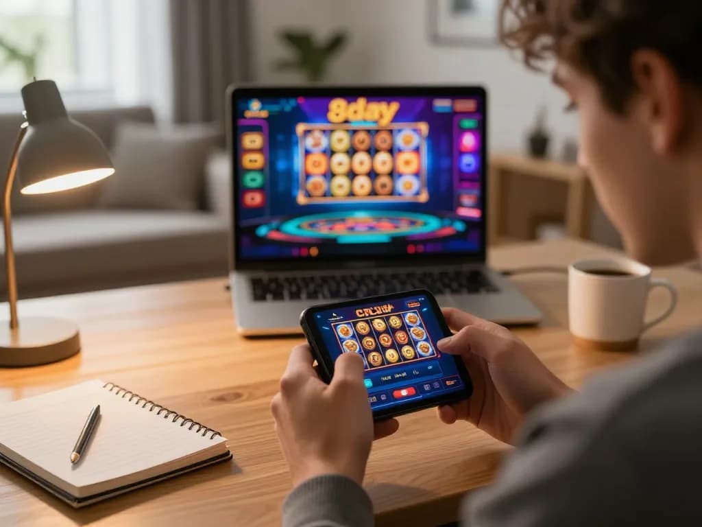 Engaged player using the 8day app for online casino gaming on a cozy sofa.