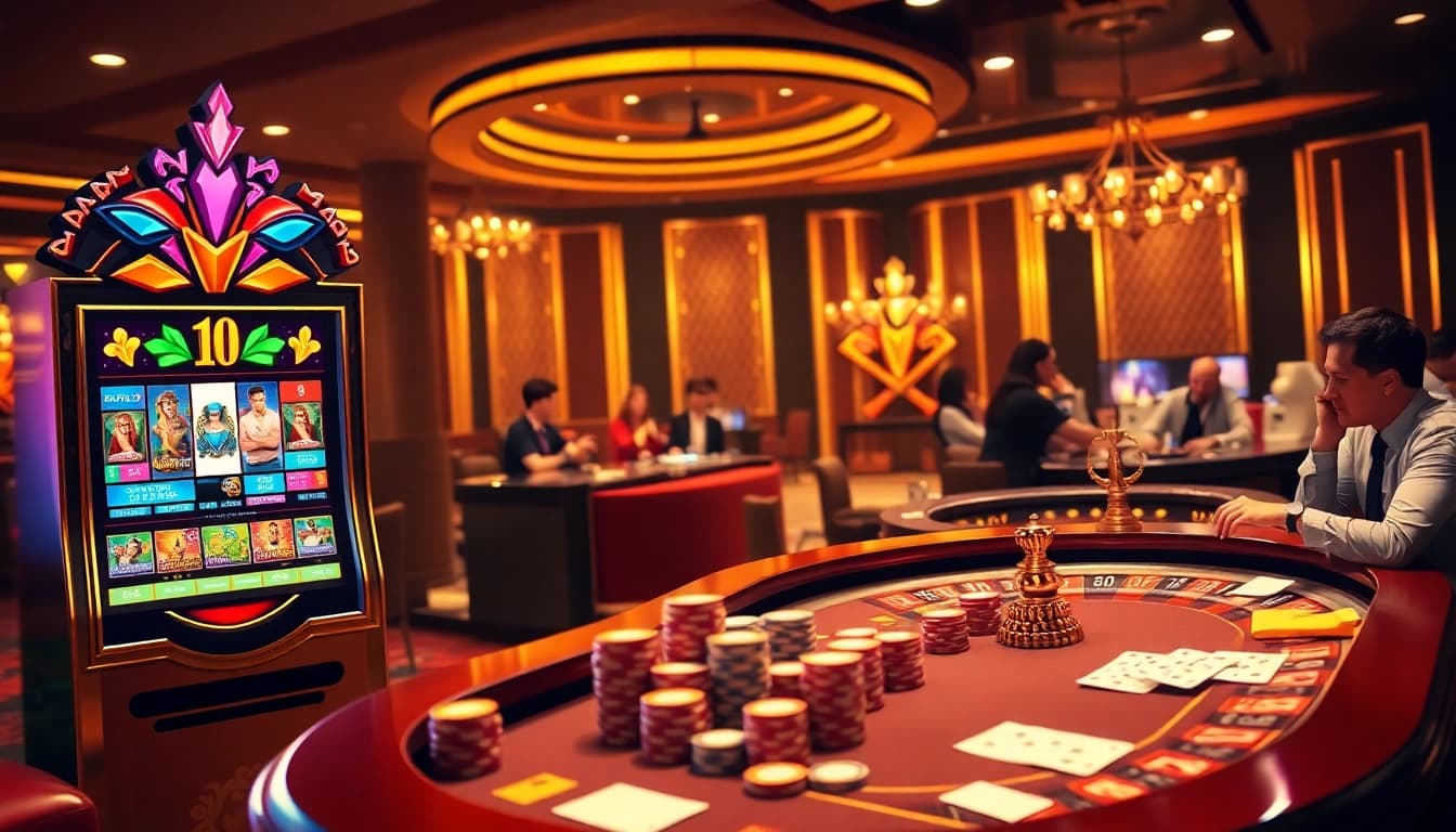 Exciting gambling scene at https://nohudoithuong.life/ featuring slot machines and poker tables.