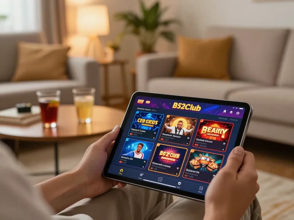 B52club player engaging with mobile casino games in a cozy home setting