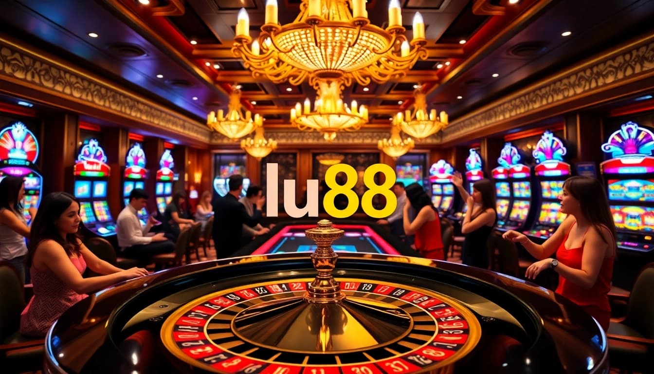 Experience the excitement of gambling at lu88 with a luxurious casino scene featuring roulette and players.