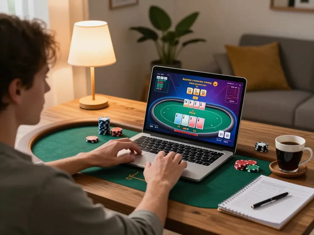 Nk88 player engaged in online poker gameplay with laptop displaying poker table interface and strategy notes.