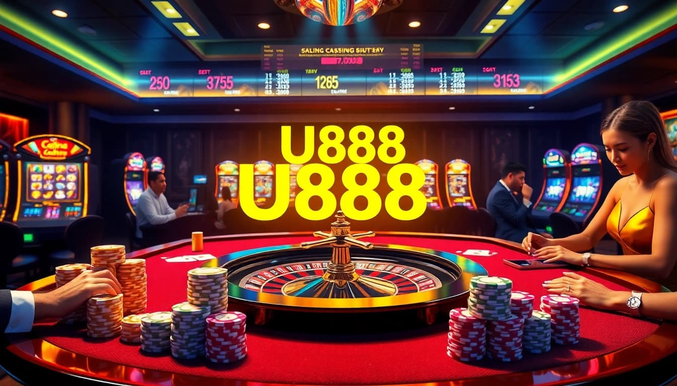 Players enjoying a thrilling game at U888's luxurious casino, surrounded by roulette, cards, and chips.