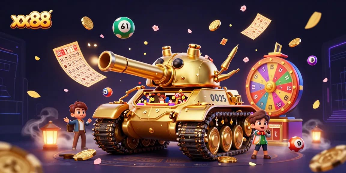 Experience the excitement of unique casino adventures at xx88 with golden tanks and festive lottery elements.