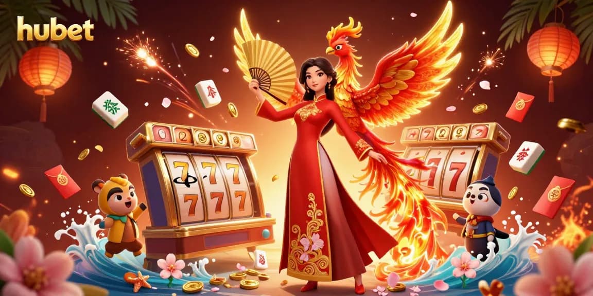 Bet big with Hubet's exciting gaming scene featuring dynamic slot reels and vibrant elements.