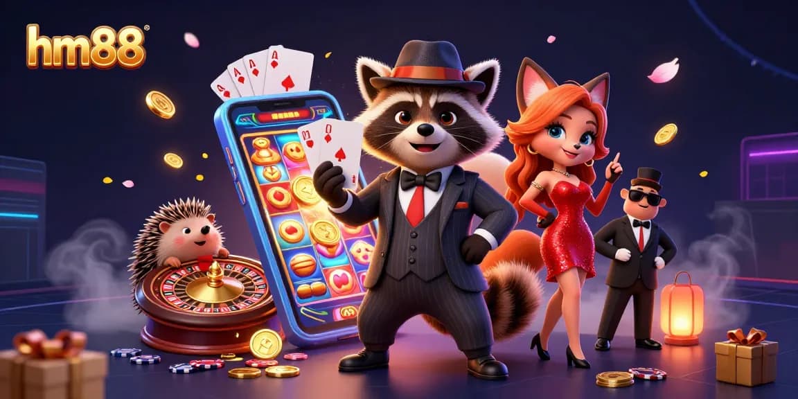 Experience thrilling gaming at hm88 with a raccoon holding a royal flush and engaging casino elements.