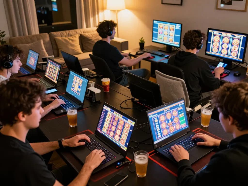 Players enjoying 32win online slots on laptops in a cozy home environment