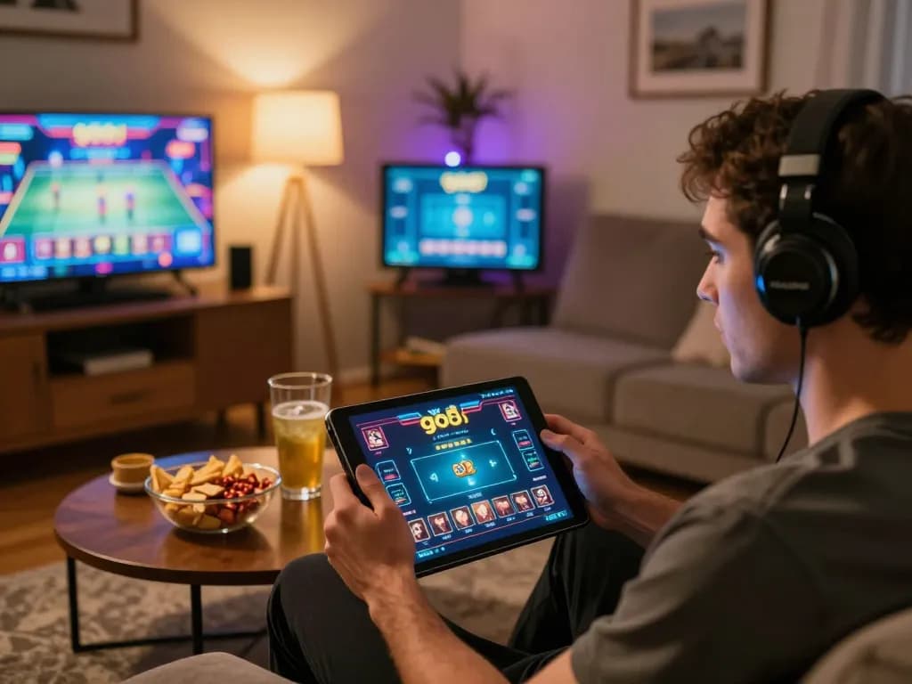 Engaging in online casino games at home with go8 tablet interface, creating a warm and inviting atmosphere.