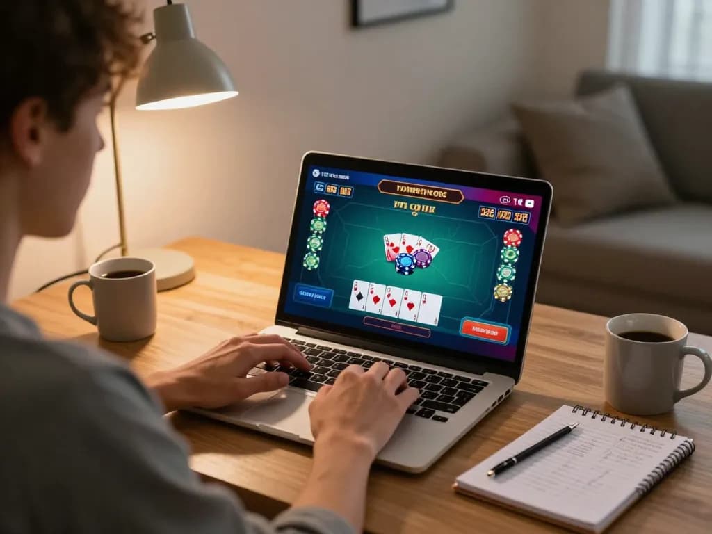 Player engaging with rikvip online poker game interface on laptop, showcasing strategic gameplay.