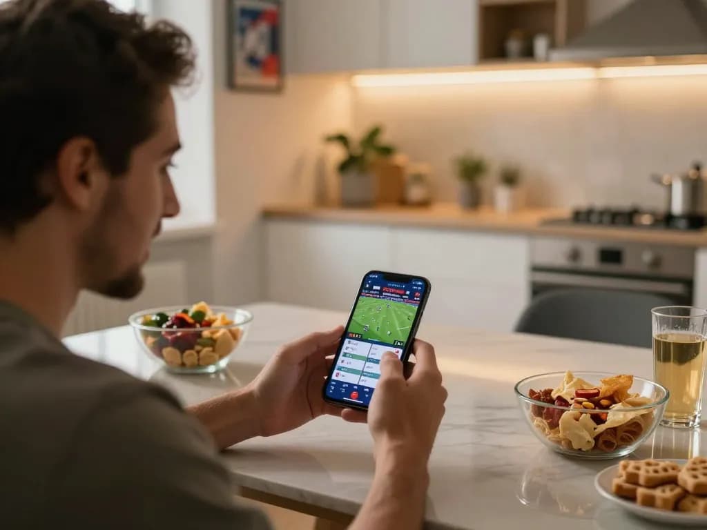 Socolive sports bettor engaging with mobile app, showcasing live match excitement at home