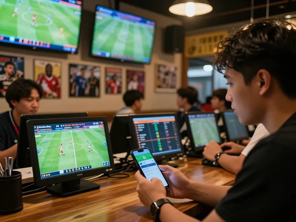Cá Độ Bóng Đá enthusiast placing bets on smartphone at a vibrant sports bar filled with live matches.