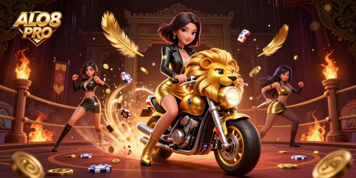 Engage in thrilling gameplay at ALO8 PRO, featuring a glamorous Asian woman riding a golden lion and vibrant casino elements.