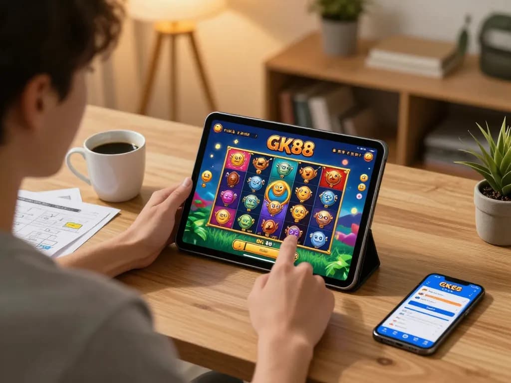 Engaging in a GK88 game on a tablet in a cozy home office, showcasing immersive online gameplay.