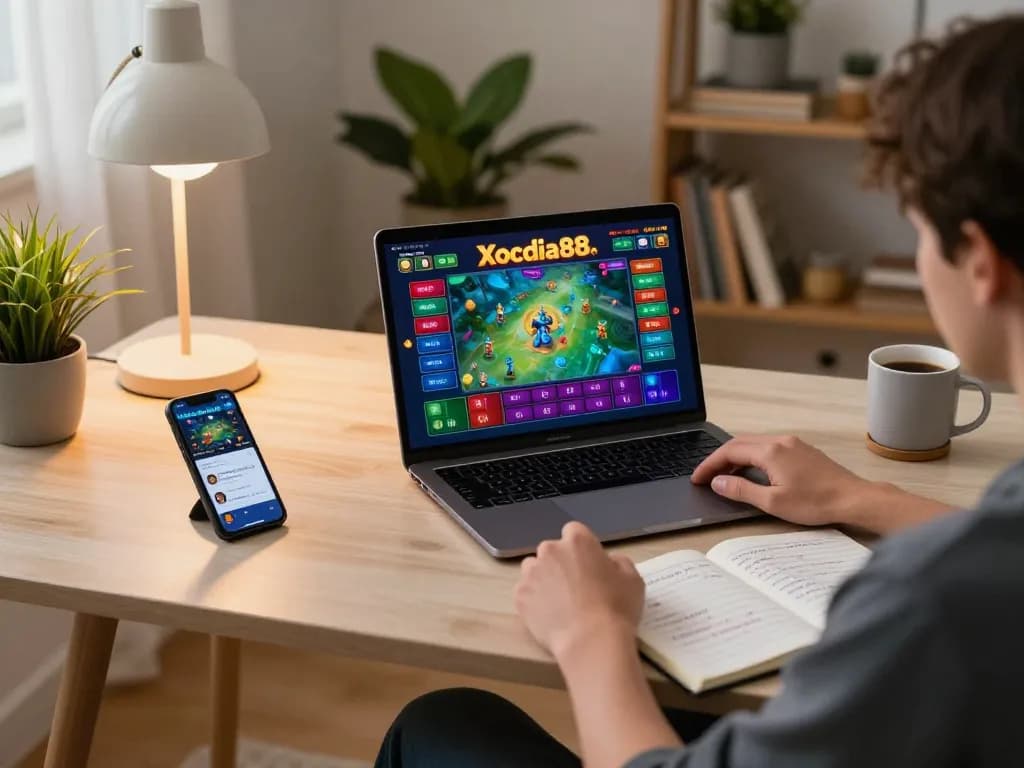 Xocdia88 gaming setup showing a player strategizing in a cozy home office environment.