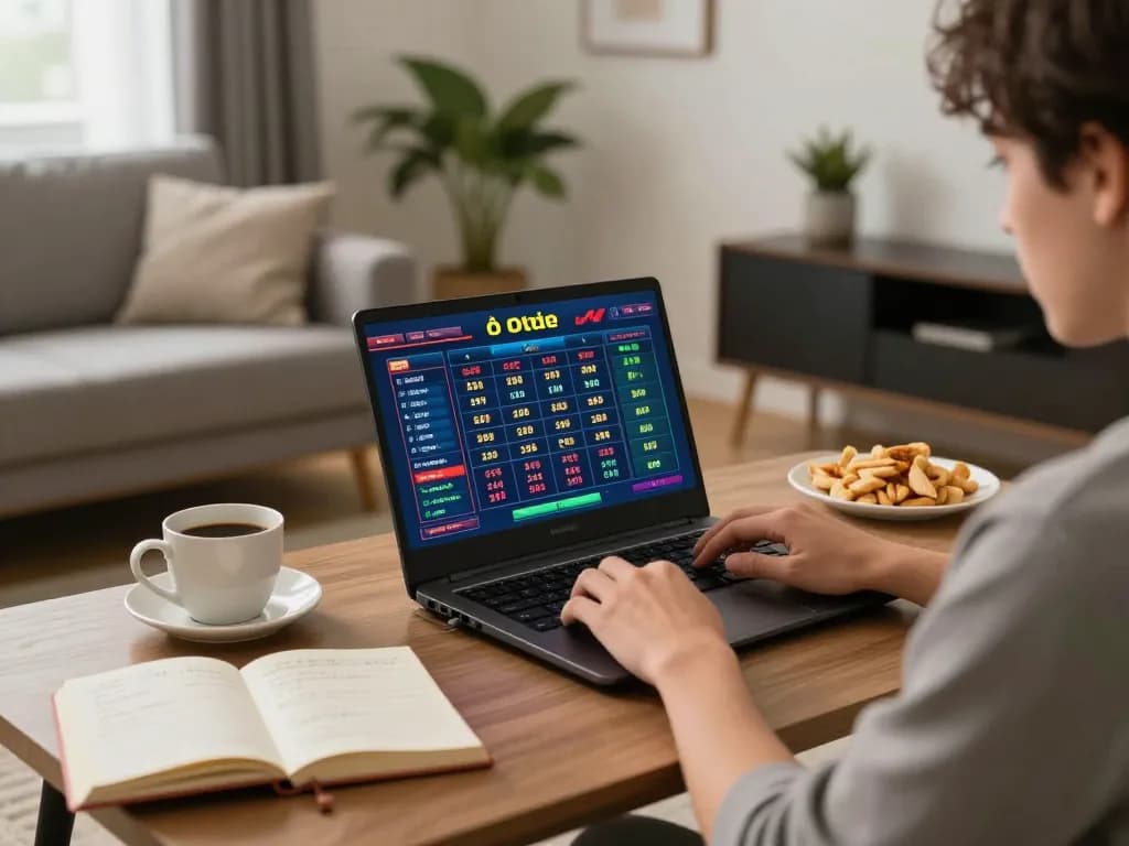 Engaging in lô đề online gameplay at home with a laptop, showcasing strategic betting setup.