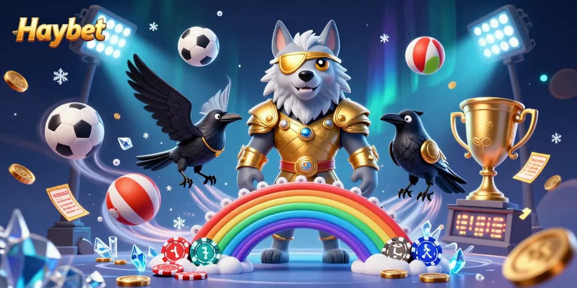 Bet with Haybet using 3D Norse characters before a casino chip rainbow bridge.