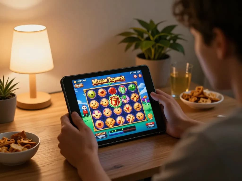 KDslots player enjoying the Mission Taqueria game on a tablet at home, highlighting engagement.