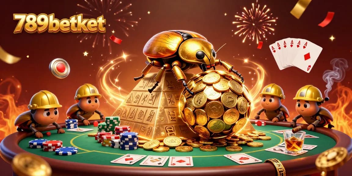 Engage with 789betket's vibrant casino scene featuring golden beetles and poker excitement.