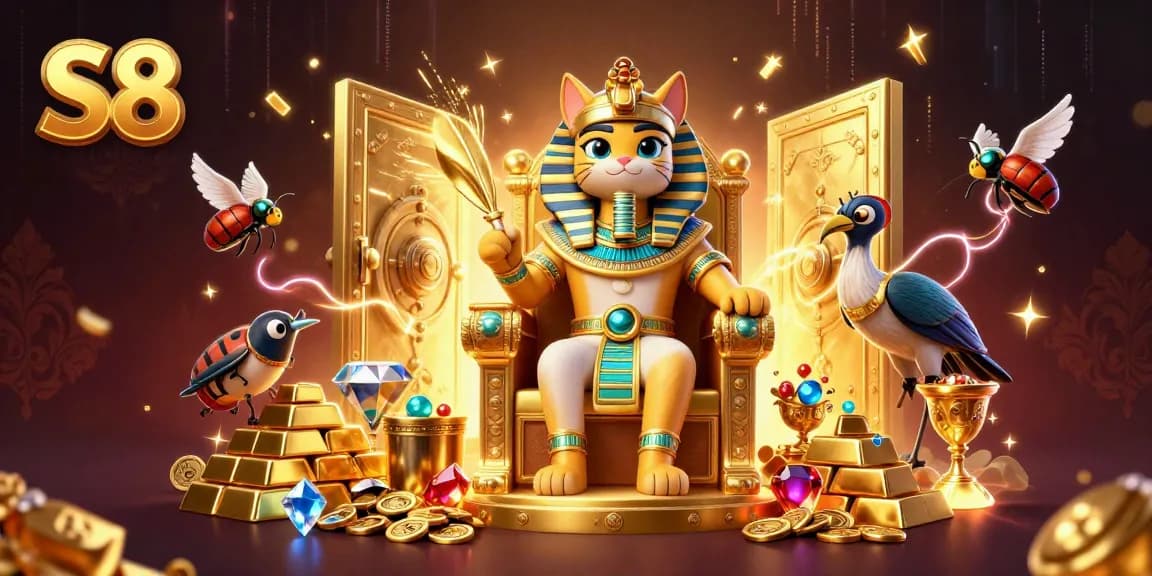 Engage with S8's vibrant casino scene showcasing the Egyptian pharaoh cat amidst gold treasures.