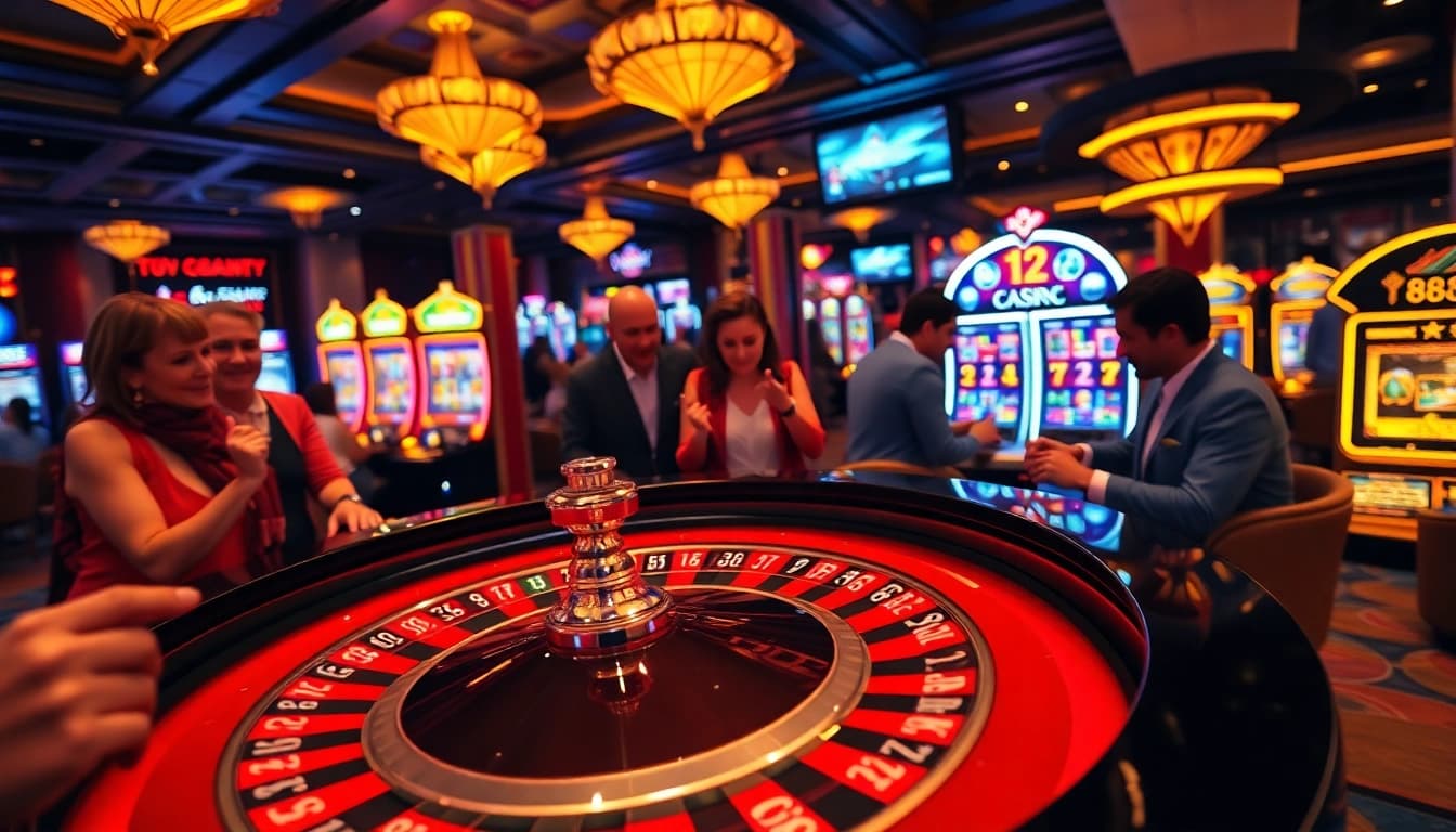 Players excitedly gamble at the 88XX roulette table amidst a vibrant casino atmosphere.