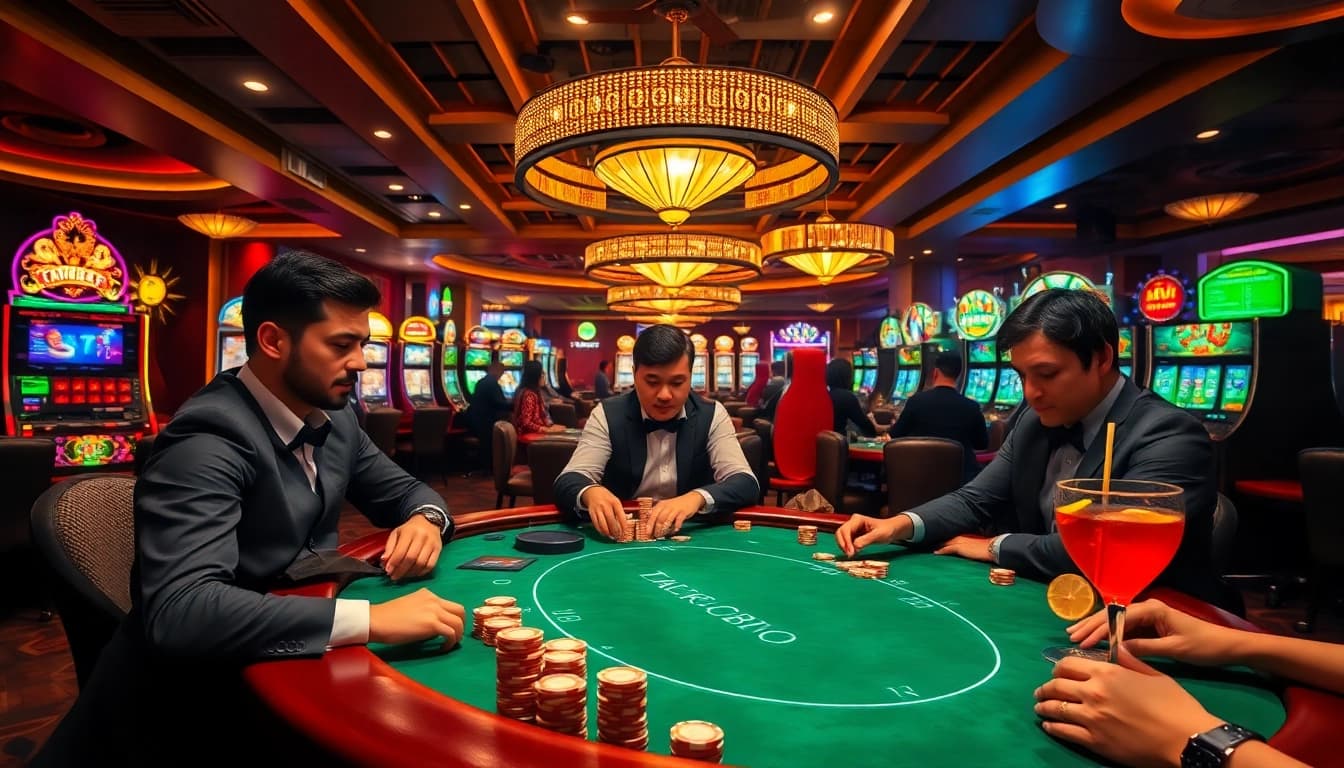 TR88 gaming excitement with players at a luxurious casino table amidst vibrant slot machines.