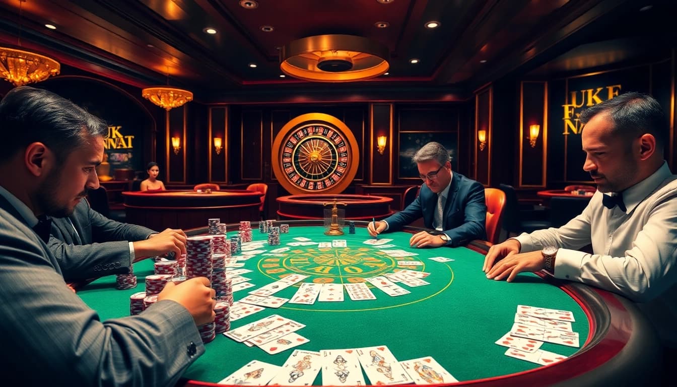 Experience f168 đăng nhập at a vibrant poker table with players and casino excitement.