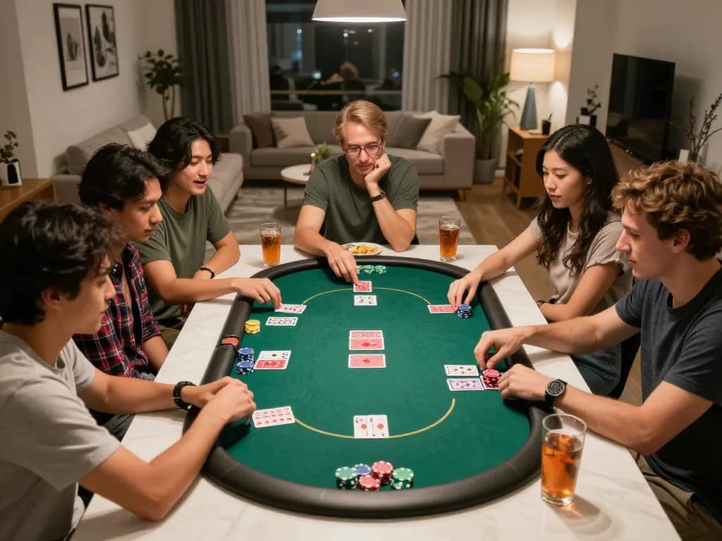 Players enjoying an intense poker game at home showcasing strategic moves with HB88's online gaming.