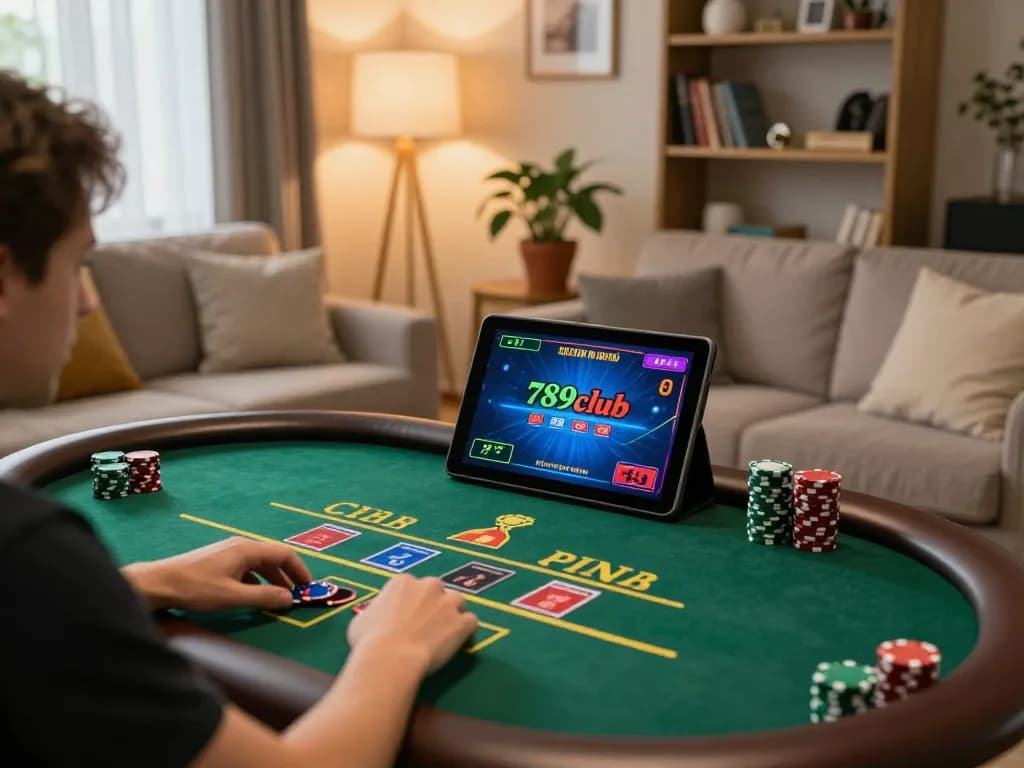 Player enjoying an exciting live dealer game at 789club on a tablet in a cozy home setting.