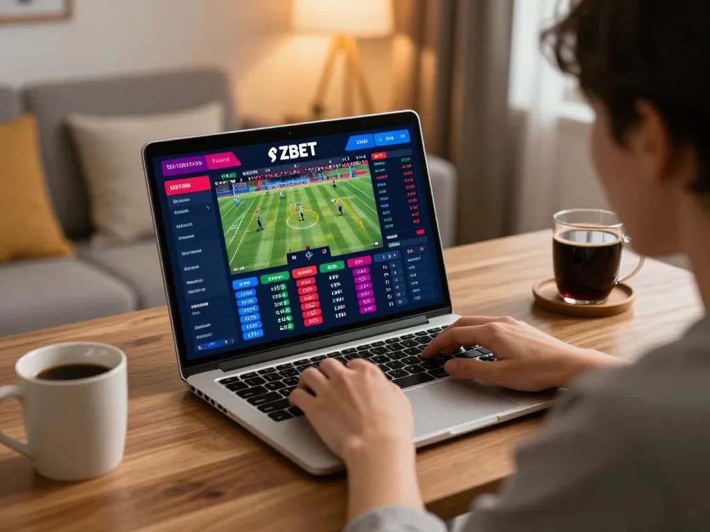 ZBET player engaged in sports betting on a laptop at home, highlighting live odds and energetic atmosphere.