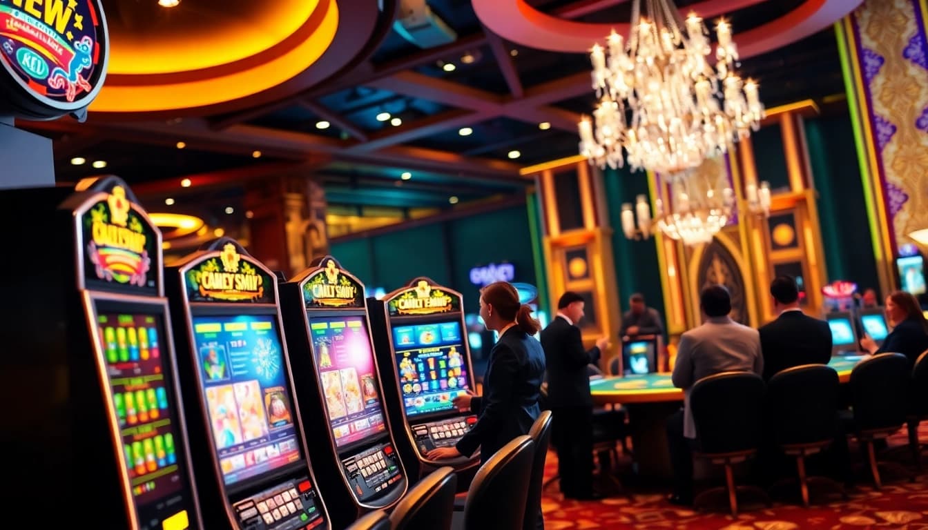 Feel the excitement at https://rr88.gratis/ with lively casino scene showcasing vibrant slot machines.