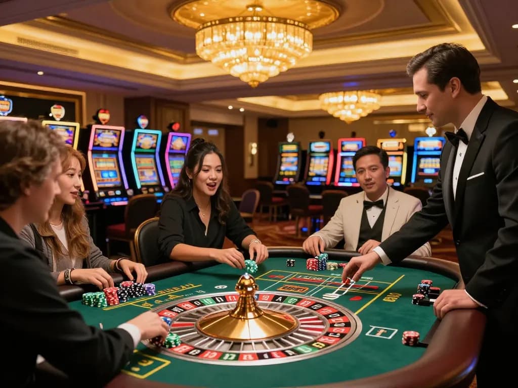 Players placing bets at XX88's roulette table, vibrant casino atmosphere with exciting gameplay.
