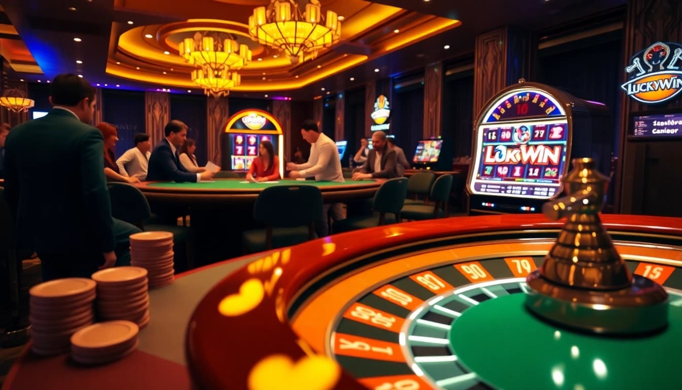 LuckyWin players enjoying games at a luxurious casino with vibrant tables and equipment.