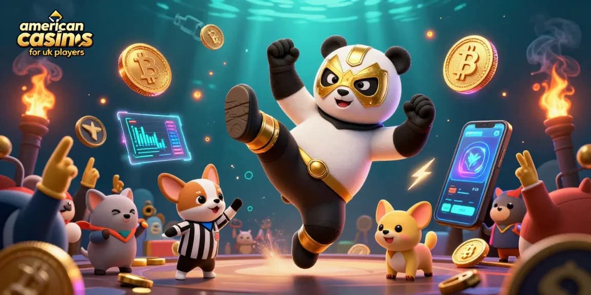 Engaging scene of american casinos for uk players showcasing a panda wrestler, cheering animals and crypto elements.