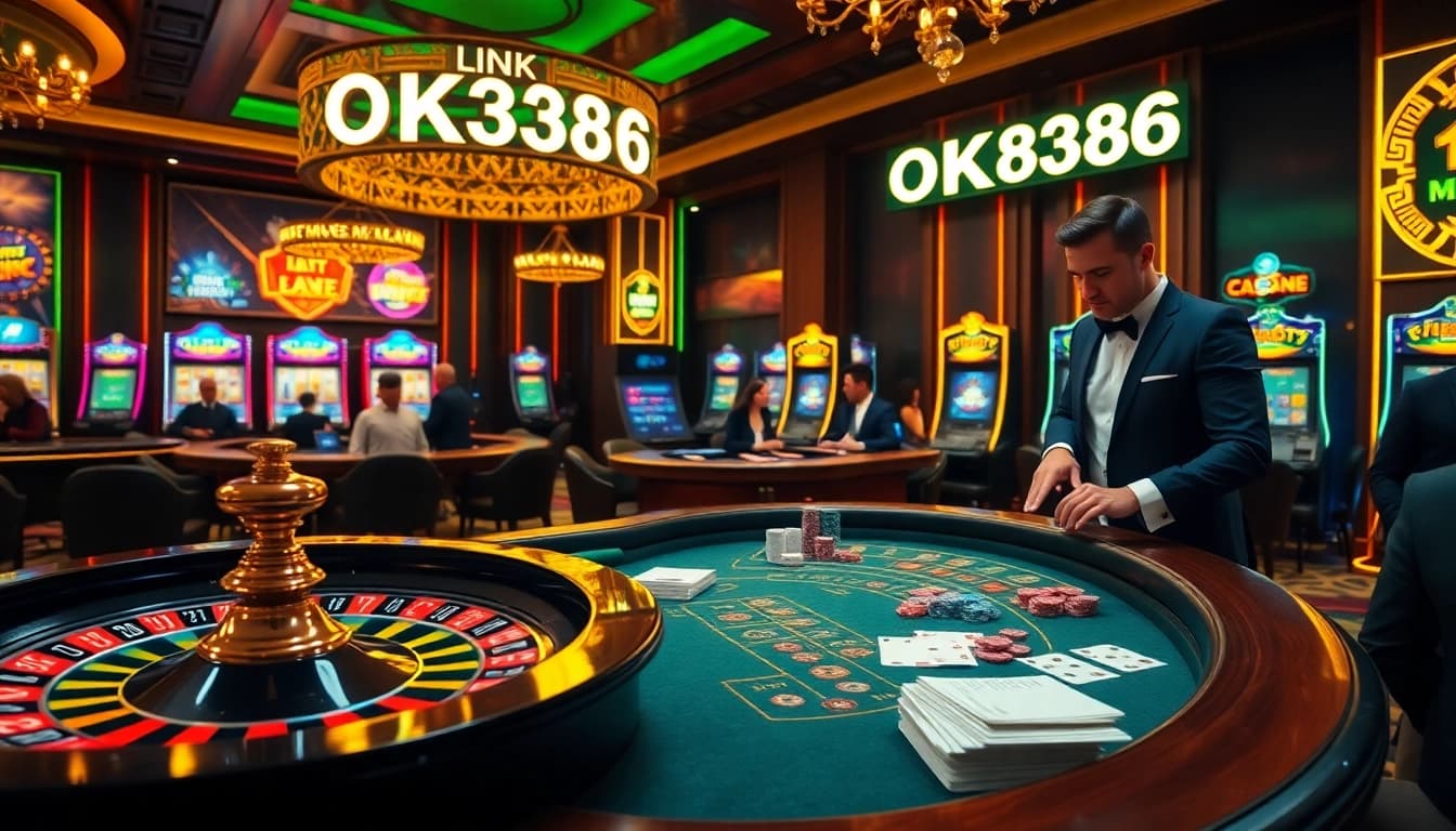 Players enjoying a live dealer game at a vibrant casino promoting link OK8386 for exciting online betting.