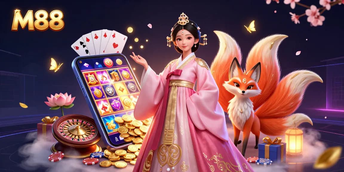M88 offers exciting online gaming with a vibrant illustration of slots, cards, and a graceful Asian woman.