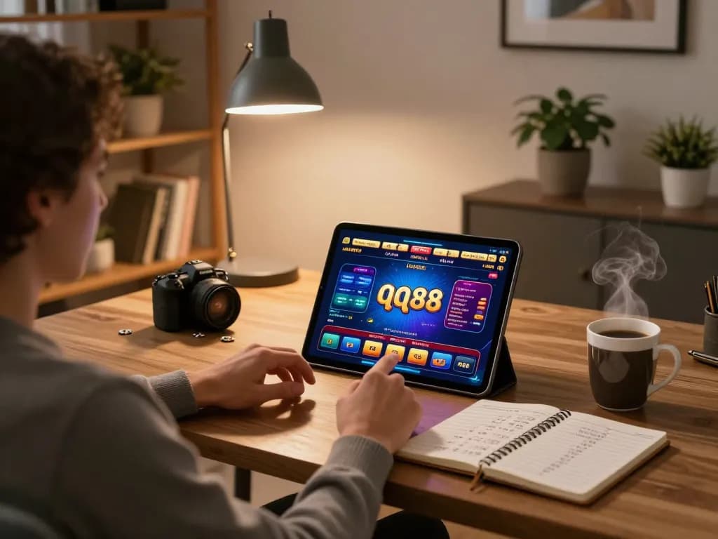 Player engaging with qq88 gaming app on tablet in a cozy home setup, highlighting online gambling strategies and comfort.