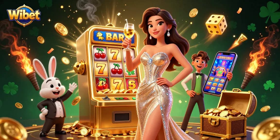 Wibet captures a glamorous casino moment with a stunning woman toasting beside a golden jackpot.