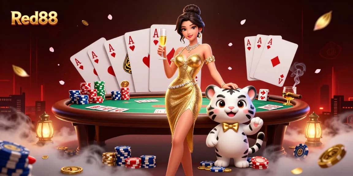 Experience thrilling Red88 gaming with a glamorous scene of a woman and lucky tiger enjoying poker.