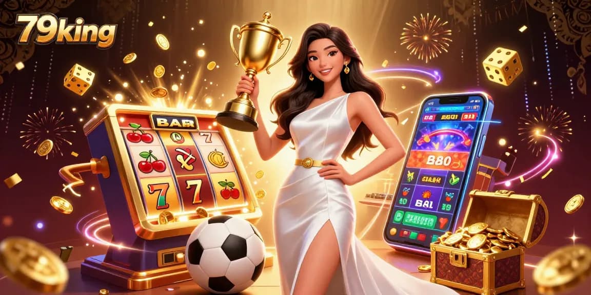 Experience the thrill of 79king as a confident woman holds a trophy, surrounded by casino elements.