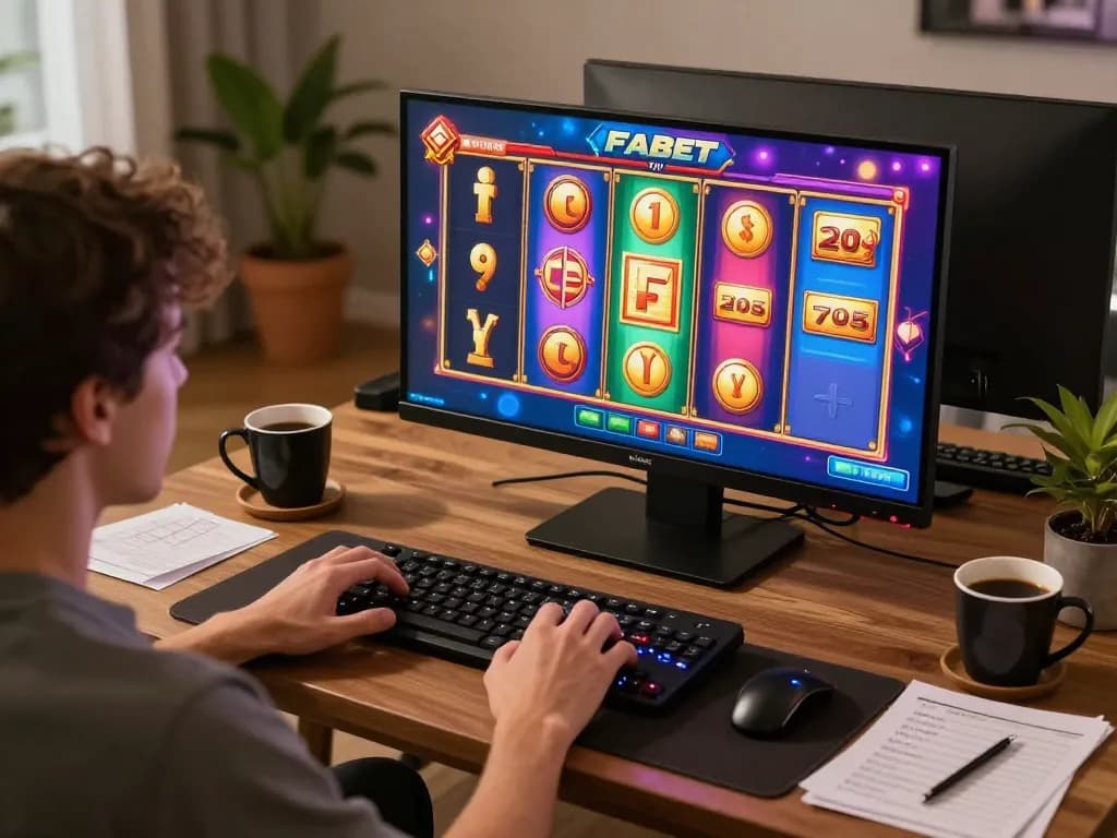 FABET online gaming experience showcasing a player enjoying interactive slot games at home.