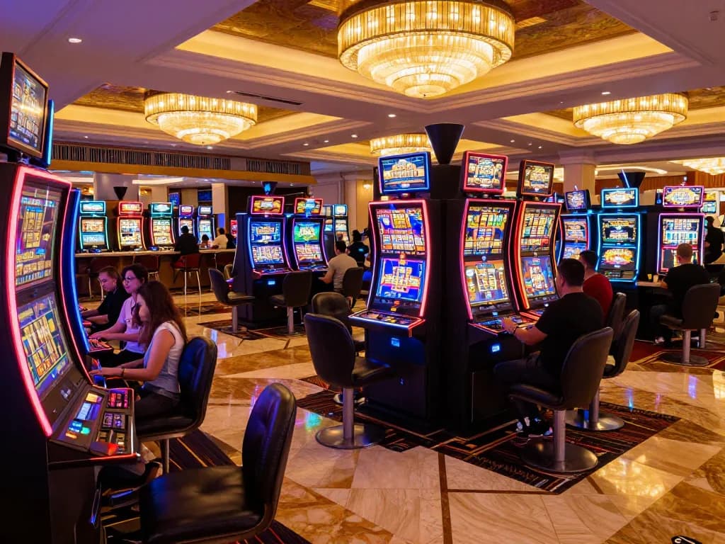 FC88 players enjoy vibrant slot machines in a lively casino atmosphere, highlighting thrill and excitement